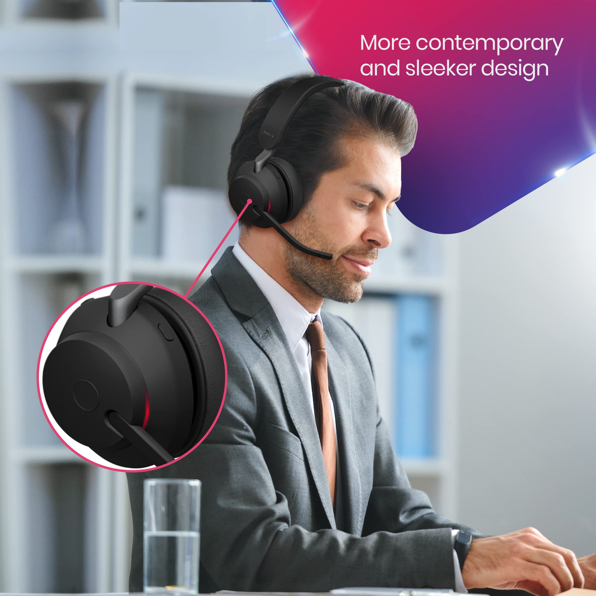 Jabra Evolve2 65 Wireless Bluetooth Headset with Charging Stand - Noise Cancelling Office Headphones for Teams, Zoom, PC & Mobile Calls - Includes USB Dongle & Global Tech Support - Perfect for Remote Work, Video Meetings & Business Communication