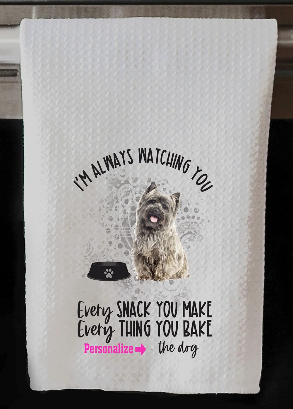 Personalized Cairn Terrier Waffle Kitchen Towel - Cute Dog Lover Gift for Mom or Dad - Housewarming Hostess Present - Funny 'Always Watching You' Design - Perfect for Kitchen Decor & Dog Themed Parties