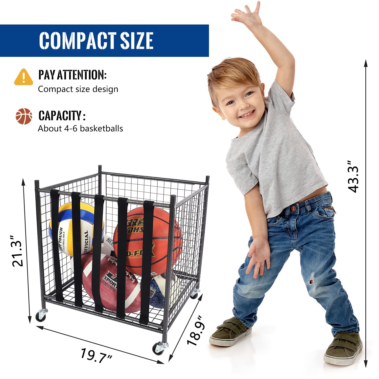 Mythinglogic Rolling Sports Ball Storage Cart - Lockable Ball Organizer with Elastic Straps, Baskets & Hooks | Garage Storage System for Basketballs, Soccer Balls & Sports Equipment | Perfect for Home Gym, Playroom & Sports Facility Organization
