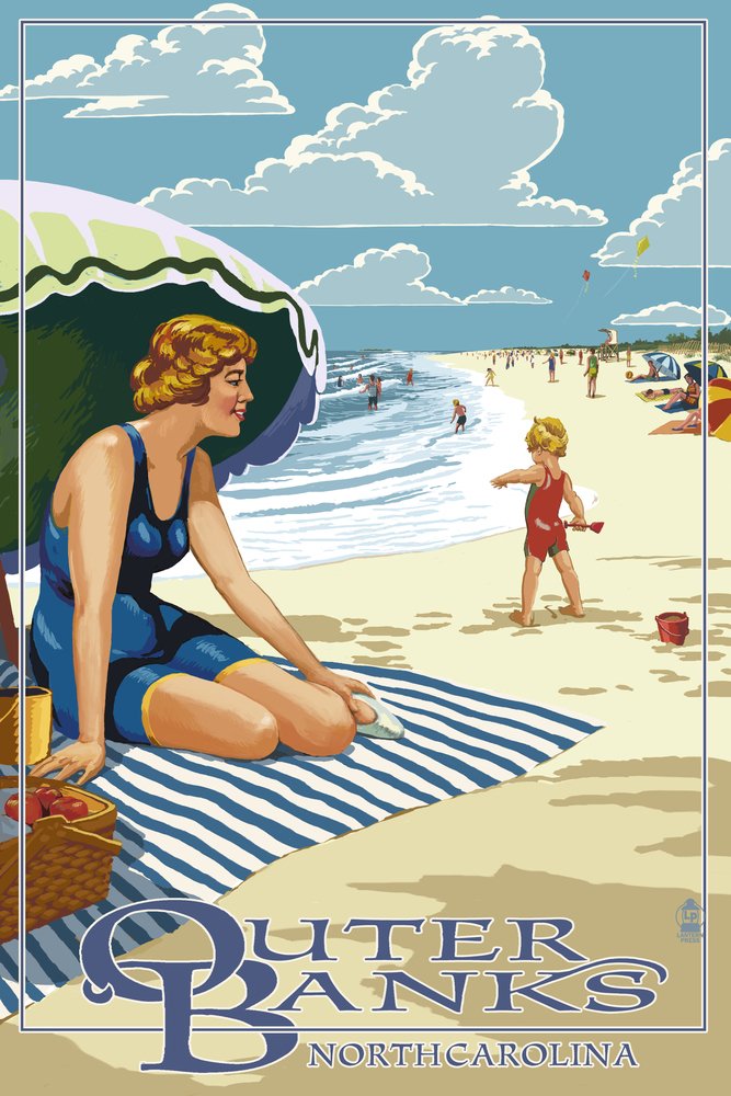 Outer Banks North Carolina Beach Woman Wall Art - 16x24 Gallery Quality Metal Print, Aluminum Decor for Coastal Living Room & Beach House Decor
