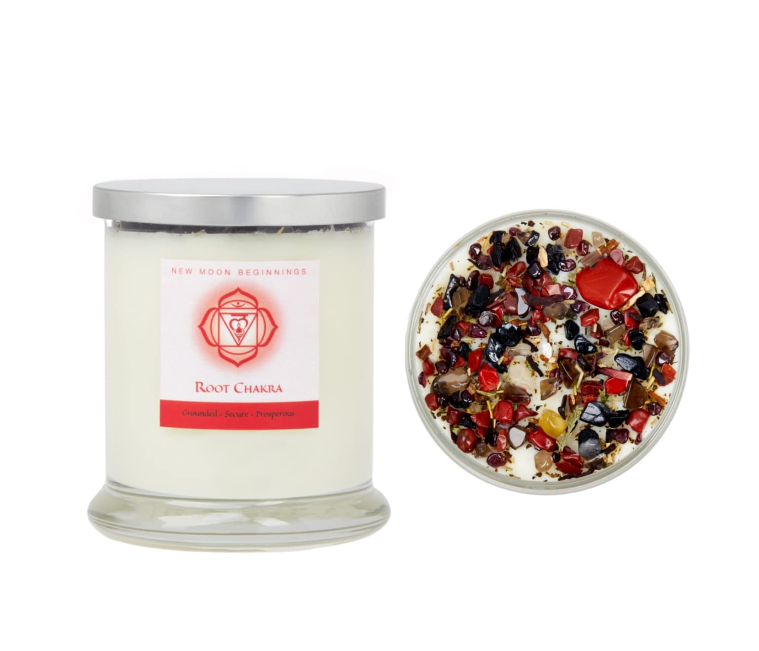 New Moon Beginnings Root Chakra Candle - Natural Soy Wax Aromatherapy Candle with Herbs, Flowers & Crystals for Meditation, Yoga & Spiritual Healing - Chakra Balancing & Energy Cleansing