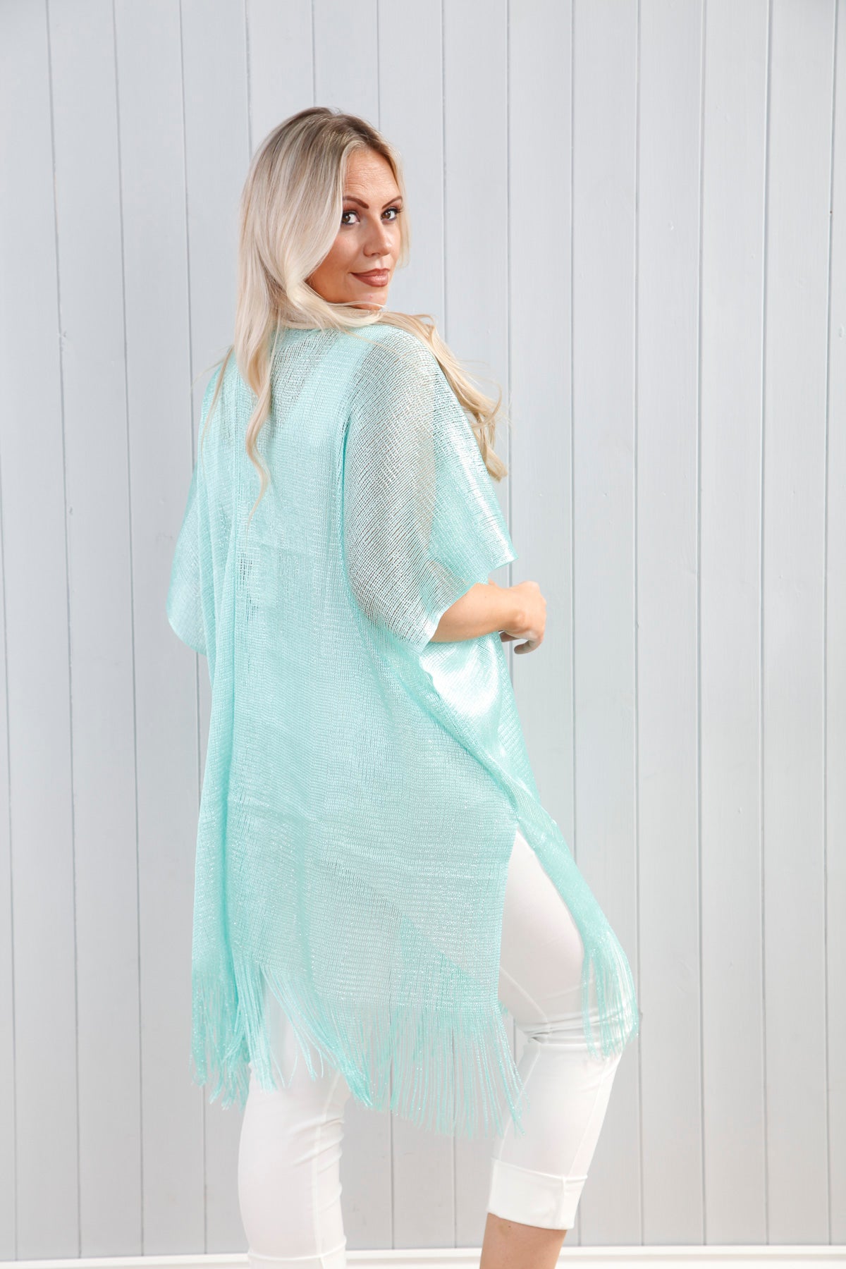 Elegant Metallic Fringed Kaftan Dress in Aqua Blue - Perfect for Beach Parties, Boho Festivals & Summer Vacations