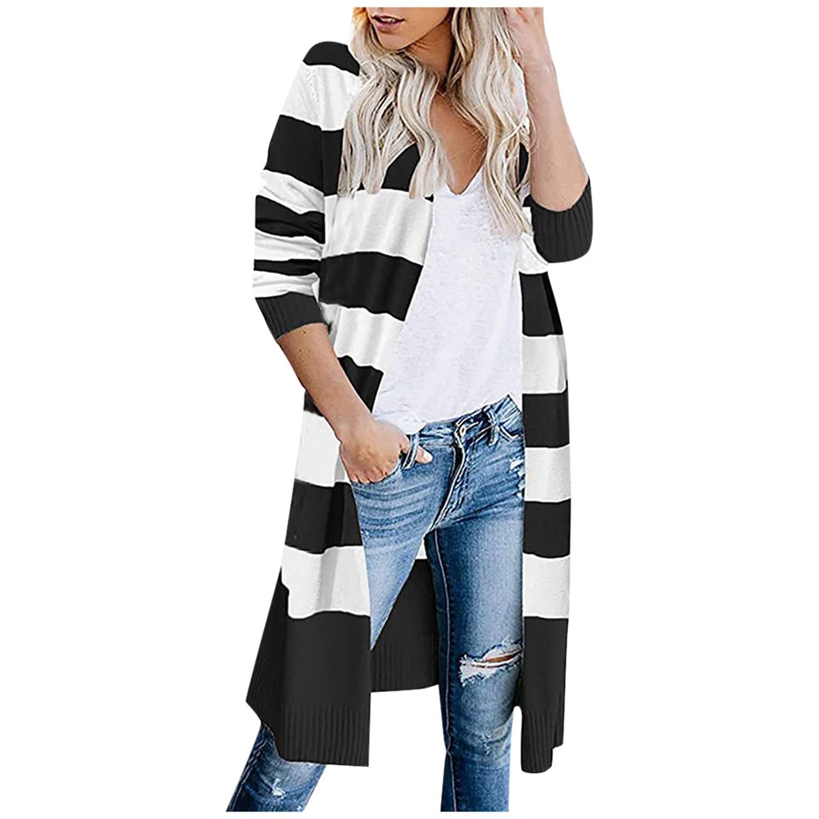 Women's Long-Sleeve Striped Knit Hooded Cardigan Sweater - Cozy Fall Winter Fashion Top for Casual Outfits & Layering