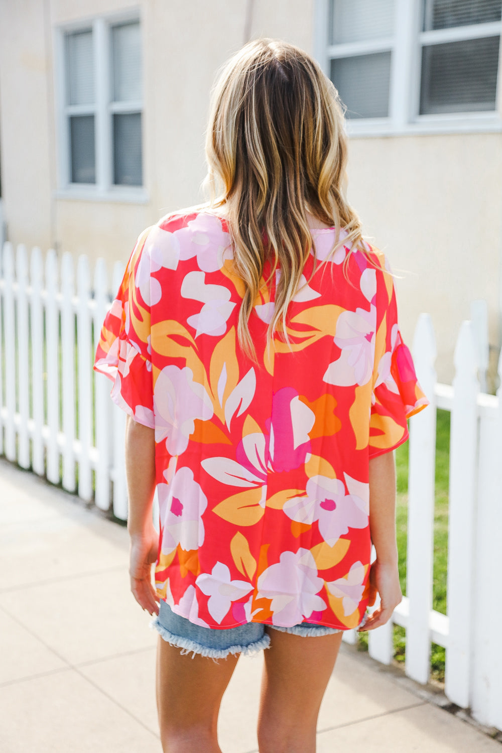 Haptics Tropical Vibes Peach Floral Dolman Ruffle Sleeve Blouse - Women's Casual Summer Top for Beach Vacation & Boho Outfits