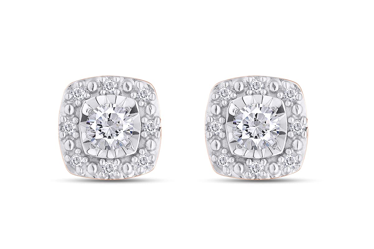 1/7 Carat Cushion Cut Natural White Diamond Halo Stud Earrings - 14K Gold Plated 925 Sterling Silver Jewelry for Women (I2-I3 Clarity, I-J Color, 0.15 CTTW) - Perfect Gift for Anniversary, Birthday & Special Occasions