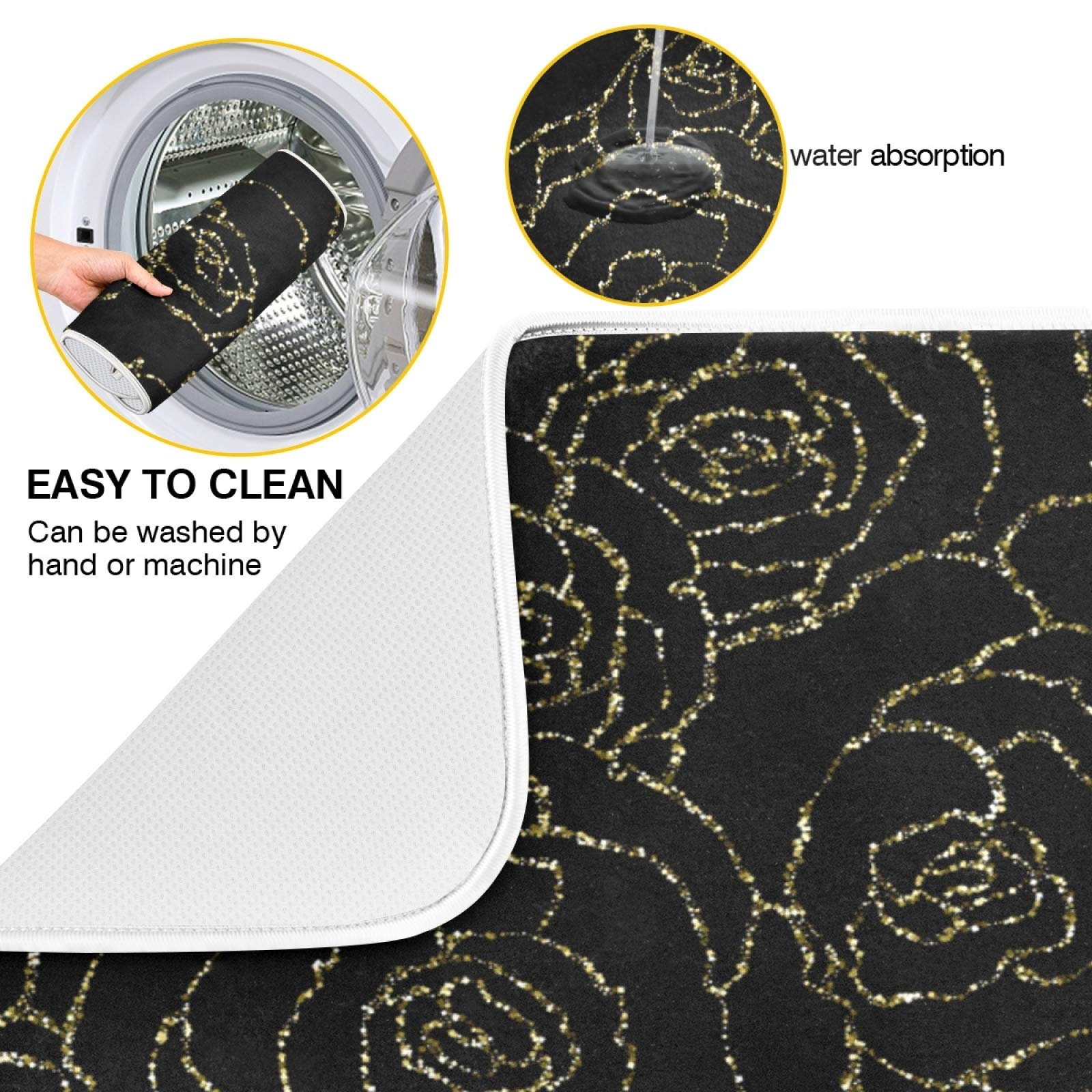 Susiyo Gold Glitter Roses Dish Drying Mat - Super Absorbent Microfiber Kitchen Counter Pad (18x24 Inch) | Heat-Resistant, Non-Slip & Safe for Dishes | Perfect for Drying Cups, Plates & Utensils on Countertops