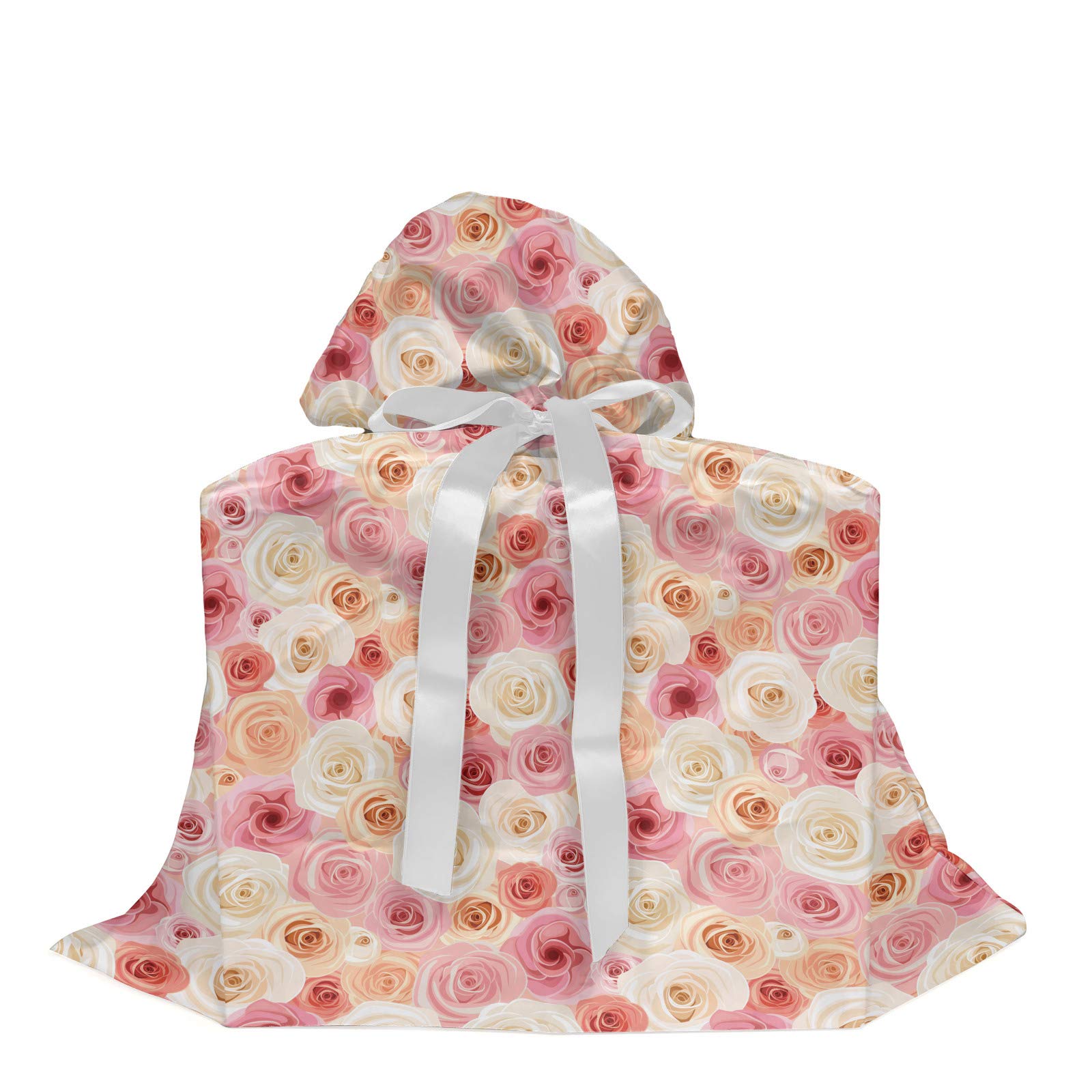 Ambesonne Rose Fabric Gift Bag - Romantic Pastel Rose Petals & Buds Design with 3 Ribbons, 27