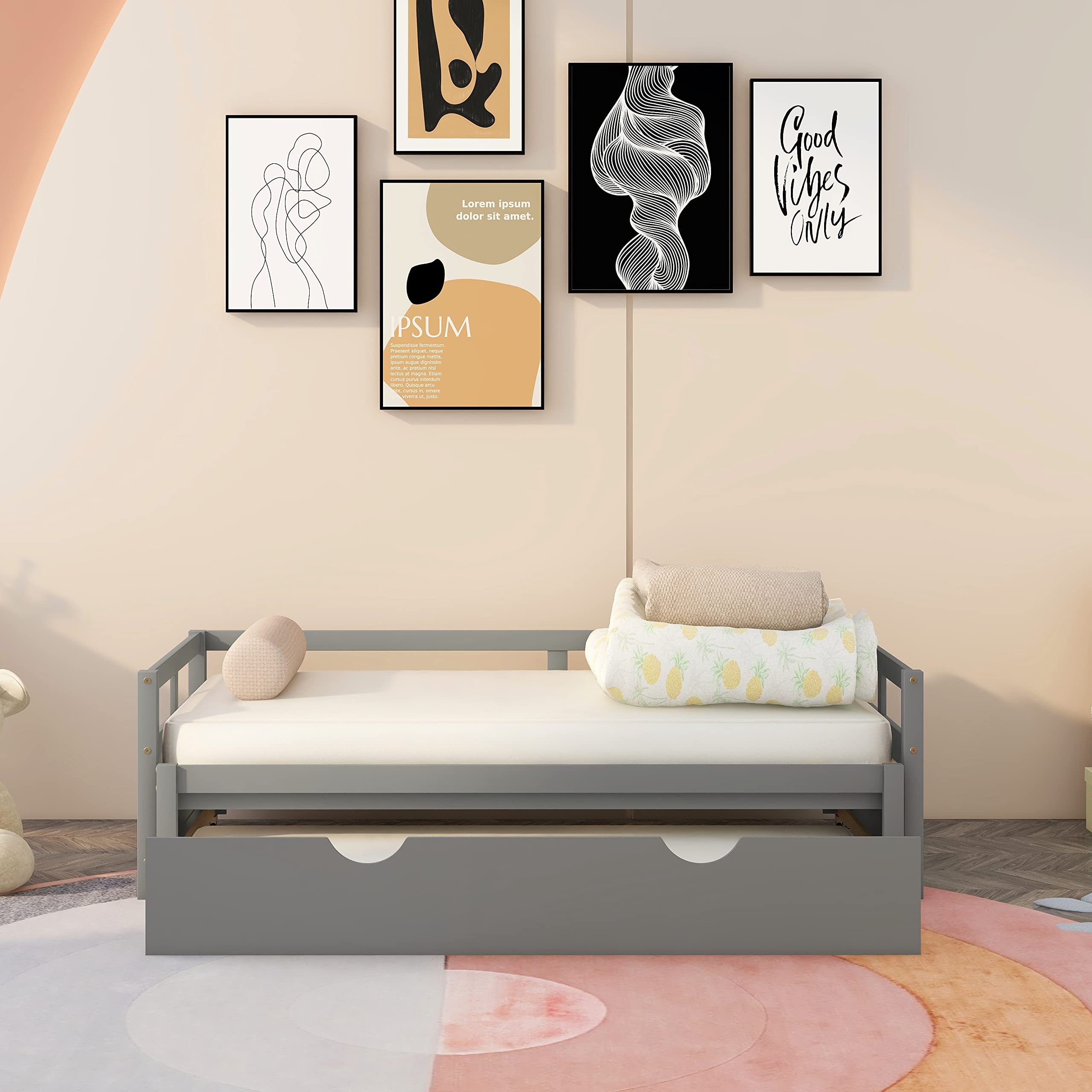 Solid Wood Twin Size Daybed with Pop-Up Trundle - Expandable Pull-Out Bed Frame in Gray | Perfect for Guest Rooms, Small Spaces & Multi-Functional Furniture Needs
