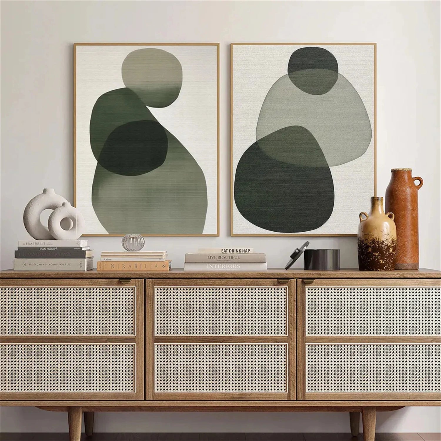 Abstract Wall Art Set of 2 - Blue & Green Modern Canvas Paintings for Living Room, Bedroom & Office Decor #BG088