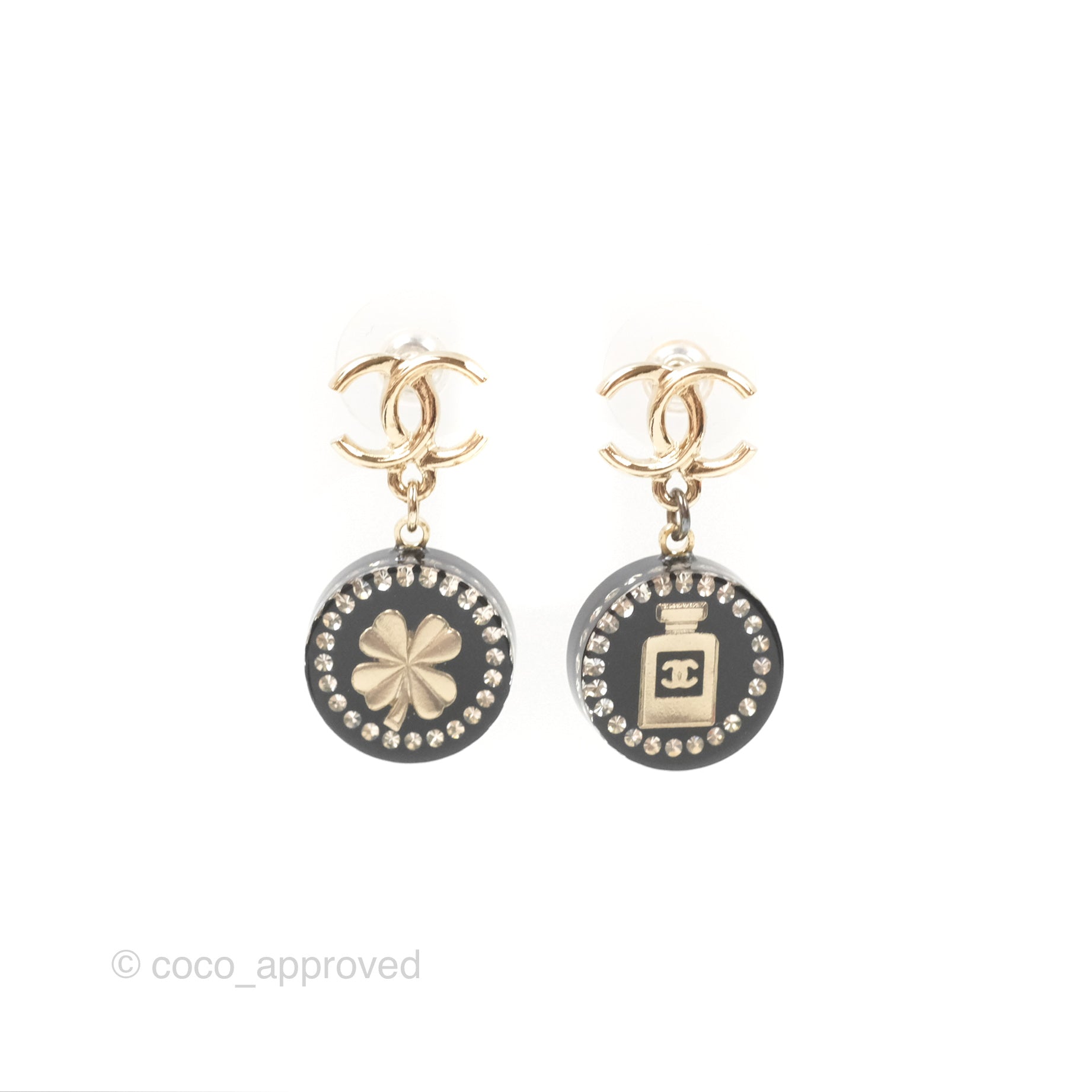 Chanel CC Resin Crystal Drop Earrings - Black & Gold Tone 20C Collection | Elegant Dangle Earrings for Women | Perfect for Parties, Weddings & Evening Events