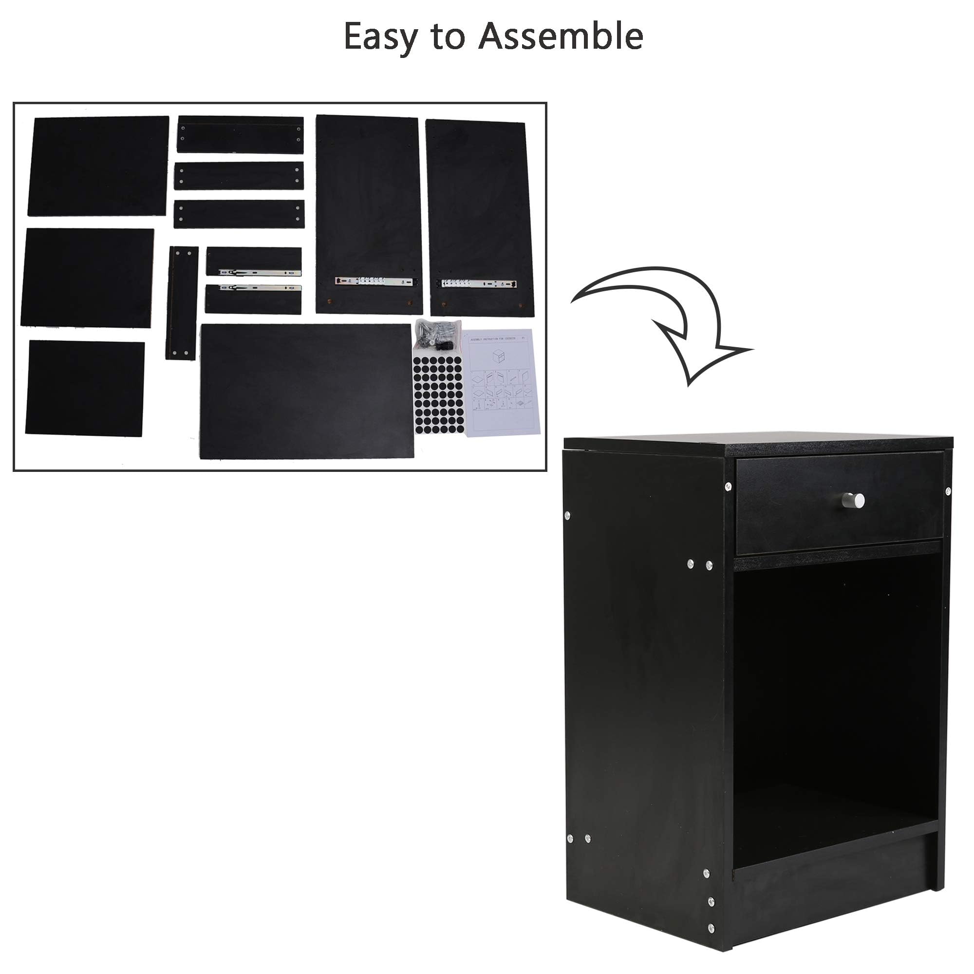 Modern Nightstand Set of 2 with Drawer & Open Shelf - Solid Wood Bedside Tables for Bedroom, Living Room End Tables - Perfect for Storing Books, Lamps & Bedroom Essentials (Black)