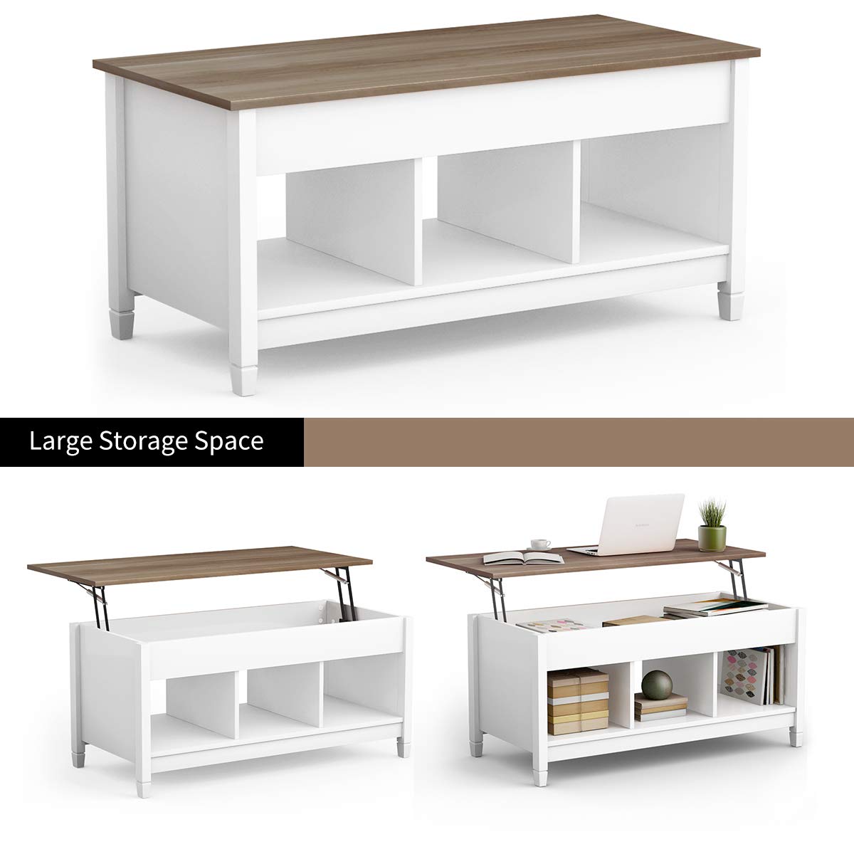 KOTEK Lift Top Coffee Table with Hidden Storage Compartment & Open Shelves - Modern Living Room Lift-Top Table for Small Spaces, Sofa Side Table with Storage - Perfect for Apartments, Studios & Reception Areas (White)