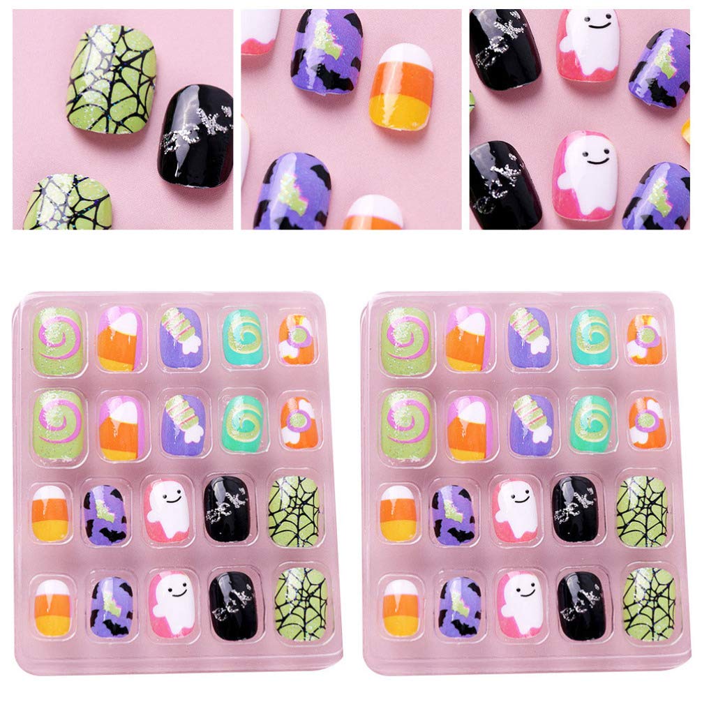 Lurrose Halloween Fake Nails for Kids - 40pcs Short Artificial Nail Tips with Gothic Design, DIY Salon Nail Art Decorations for Children | Perfect for Halloween Costumes, Parties & Dress-Up Play