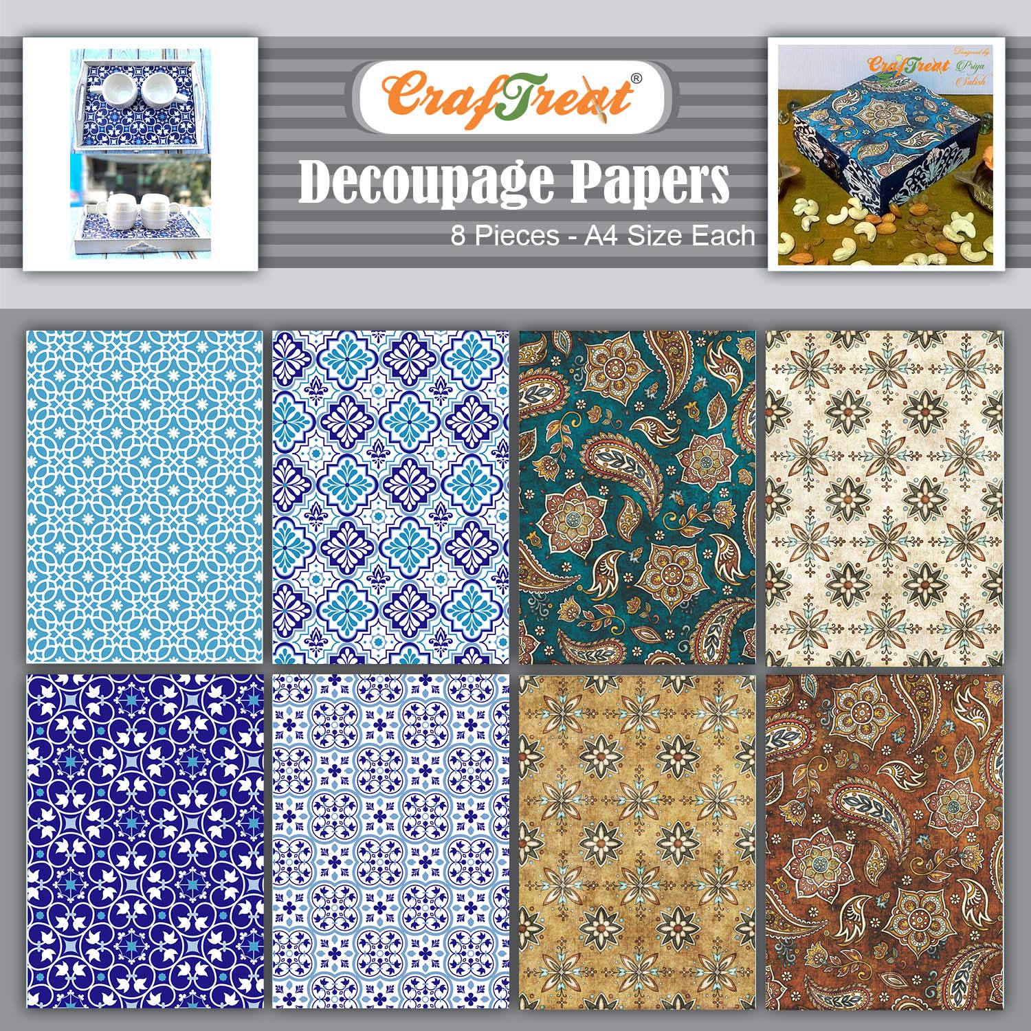 Premium CrafTreat Moroccan & Paisley Decoupage Paper - A4 Size (8.3 x 11.7 Inch) 8-Piece Set for Furniture, Scrapbooking & DIY Crafts - Perfect for Home Decor, Gift Wrapping & Creative Projects