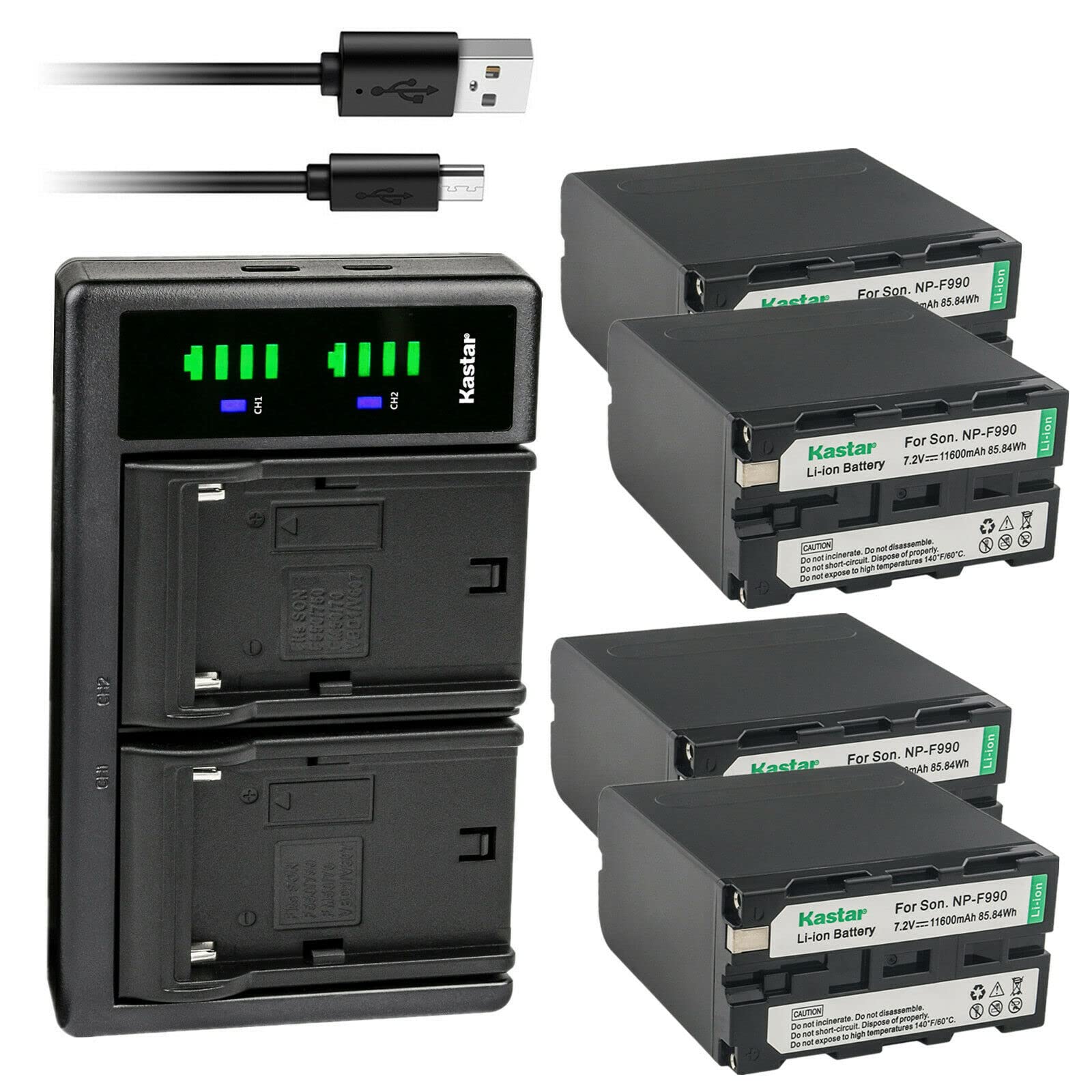 Kastar NP-F990 Battery 4-Pack with LTD2 USB Charger - Compatible with Atomos Shogun Flame, Shogun Inferno & Ninja Inferno Recording Monitors - Perfect for Professional Videography & On-Location Filming