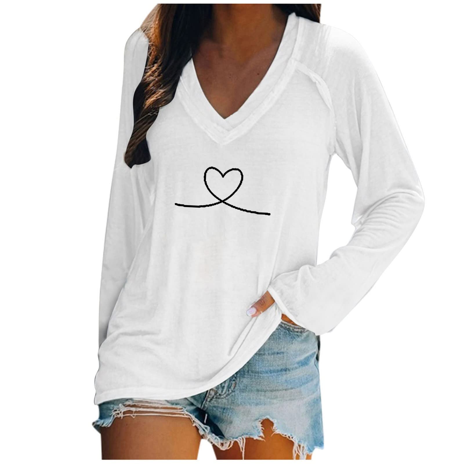 Funny Cute V-Neck Printed Long Sleeve T-Shirt for Women & Teens - Loose Fit Casual Blouse Top - Perfect for School, Work, and Everyday Wear