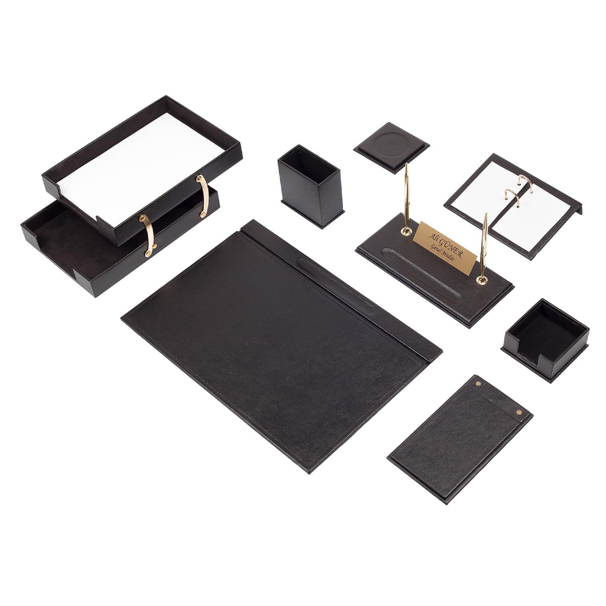 Premium MOOG Leather Desk Organizer Set - Double Document Tray in Blue (10-Piece) for Office, Home, or Executive Workspace Organization