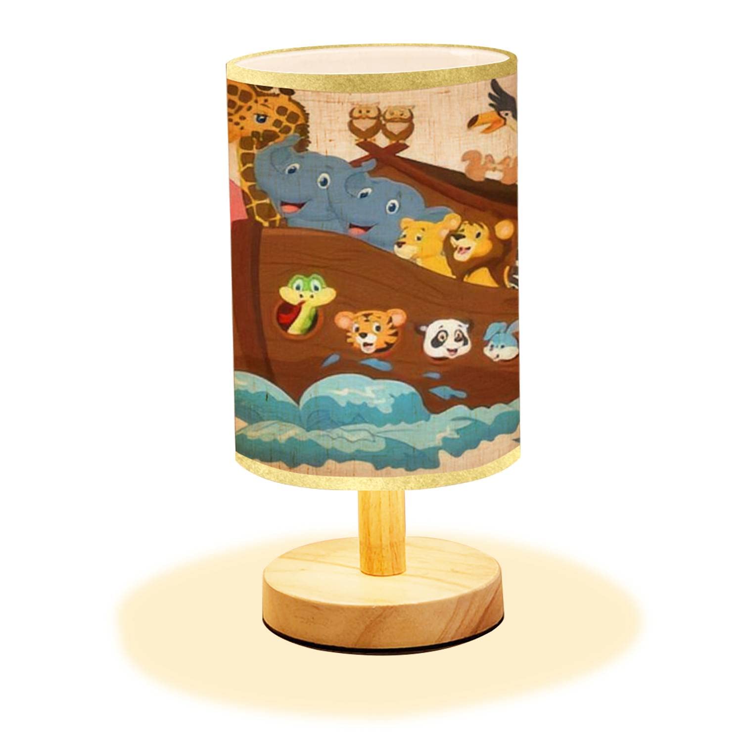 Noah's Ark Cartoon Wood Nightstand Lamp - Minimalist Bedside Table Light with Wood Base & Flaxen Fabric Shade for Bedroom, Living Room, Nursery - Perfect for Reading, Relaxing & Creating Cozy Atmosphere