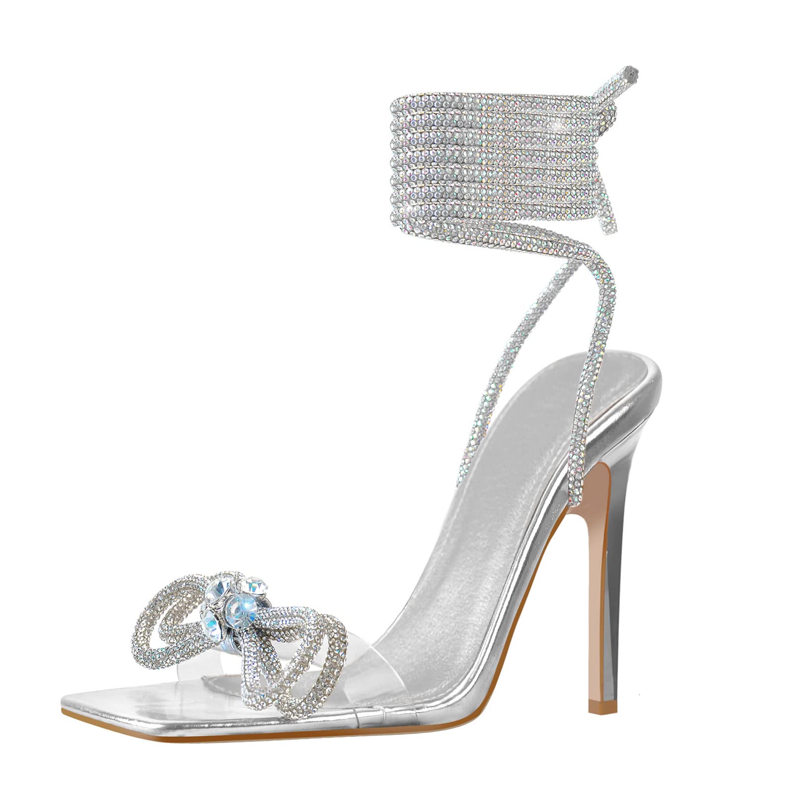 Yolkomo Women's Square Toe Clear Rhinestone Heels with Crystal Bow - Elegant Party Shoes for Weddings, Prom, Evening Events & Special Occasions