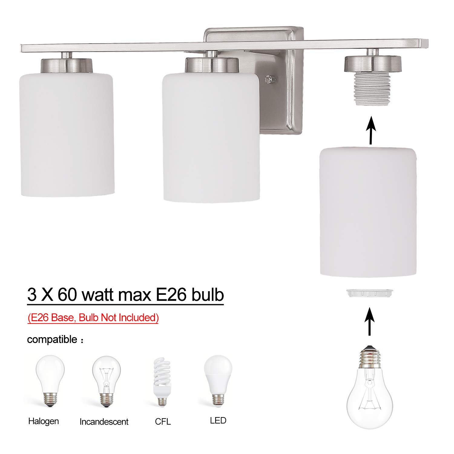 NEOUS 3-Light Brushed Nickel Bathroom Vanity Lighting Fixture with White Glass Shades - E26 Base for 60W Max Bulbs - Perfect for Modern Bathrooms, Powder Rooms and Dressing Areas