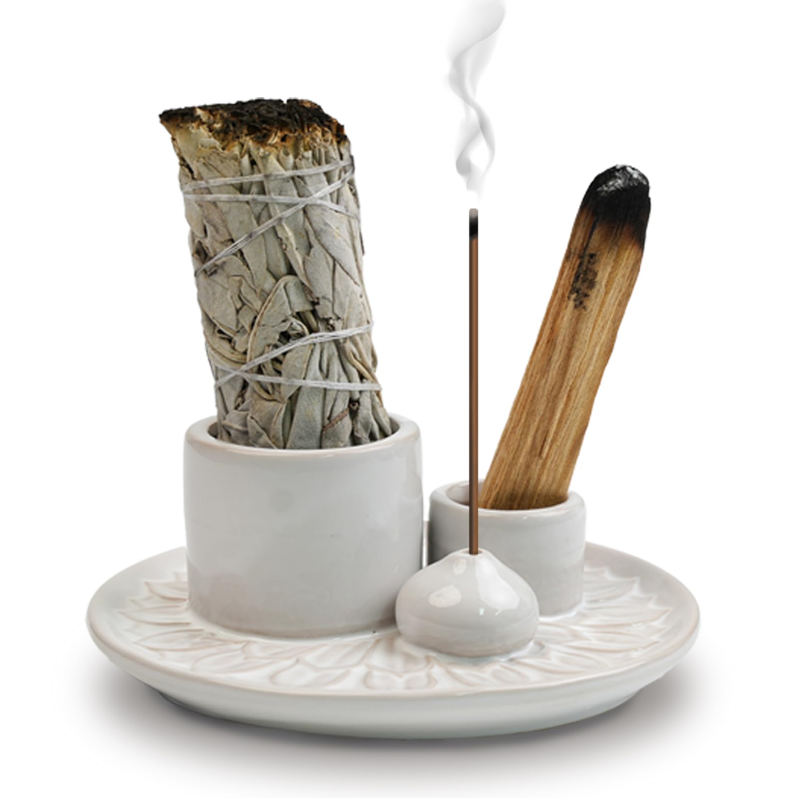 4 in 1 Ceramic Incense Burner Holder - Sage Smudging, Palo Santo & Candle Holder with Ash Catcher Tray for Meditation, Yoga, Home Decor & Spiritual Cleansing Rituals