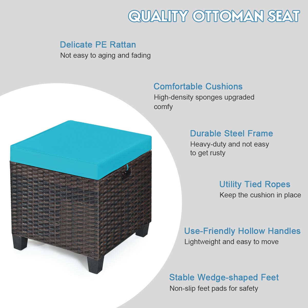 2PCS Rattan Wicker Ottoman Set with Removable Cushions - Patio Footstool & Footrest Seat - Outdoor Wicker Furniture for Home, Garden, Backyard (Turquoise) - Perfect for Relaxing on Your Deck or Poolside Lounge