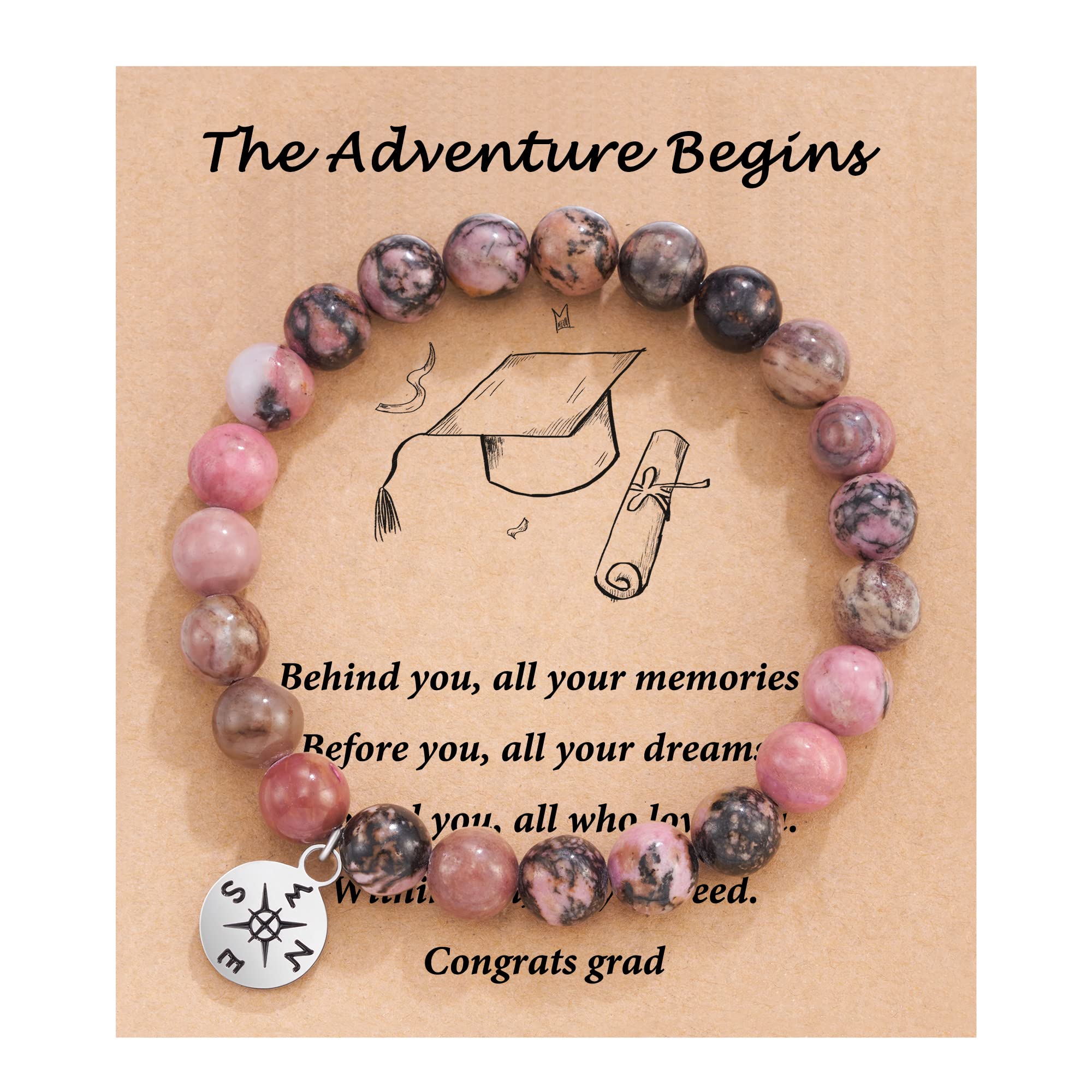 HGDEER Natural Stone Compass & Heart Bracelet Set - Graduation Gift for Women, Men, Girls & Boys - Perfect for Outdoor Adventures, Travel & Special Occasions