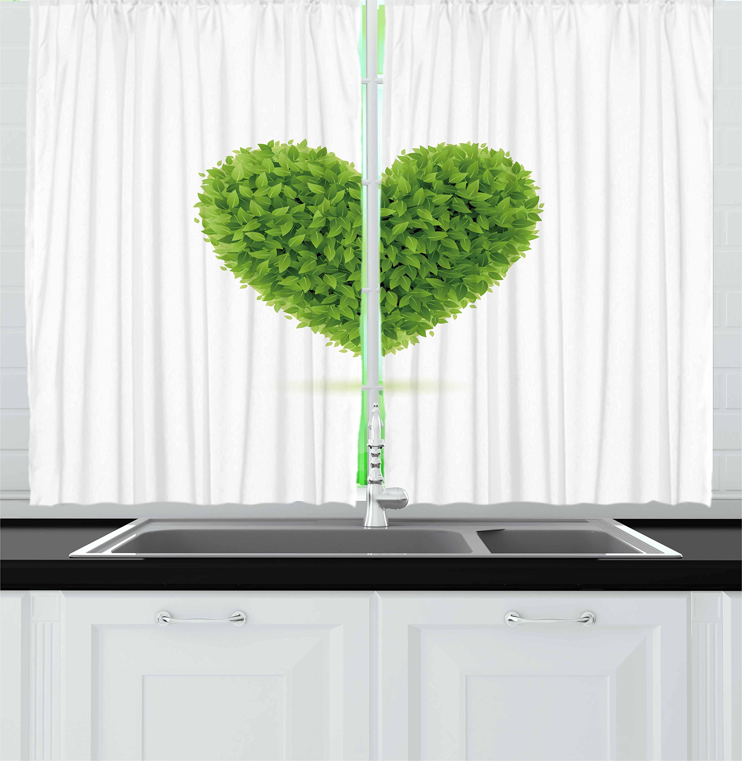 Ambesonne Green Kitchen Curtains Set of 2 Panels - Romantic Heart with Leaf Foliage Garden Design on Plain Backdrop, 55