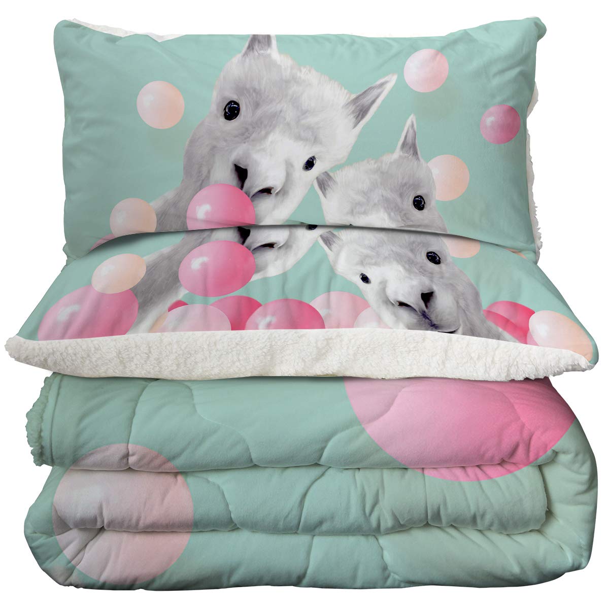 Super Soft Sherpa Comforter Set - Faux Fur Bedspread, 3D Lightweight Fuzzy Duvet Blanket with Polyester Filler - Queen Size with 2 Pillow Shams (Alpaca & Bubbles) - Cozy Winter Bedding for Warm & Comfortable Sleep