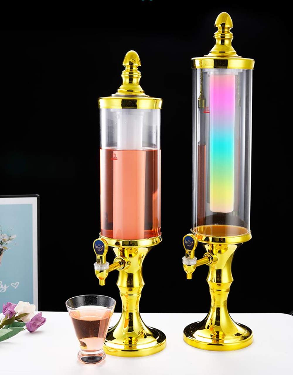 LED Colorful Shining 3L Tabletop Wine Beer Tower Dispenser - Golden Beverage Juice Server for Bar, Party, Restaurant, KTV & BBQ | Perfect for Weddings, Birthday Celebrations & Outdoor Gatherings