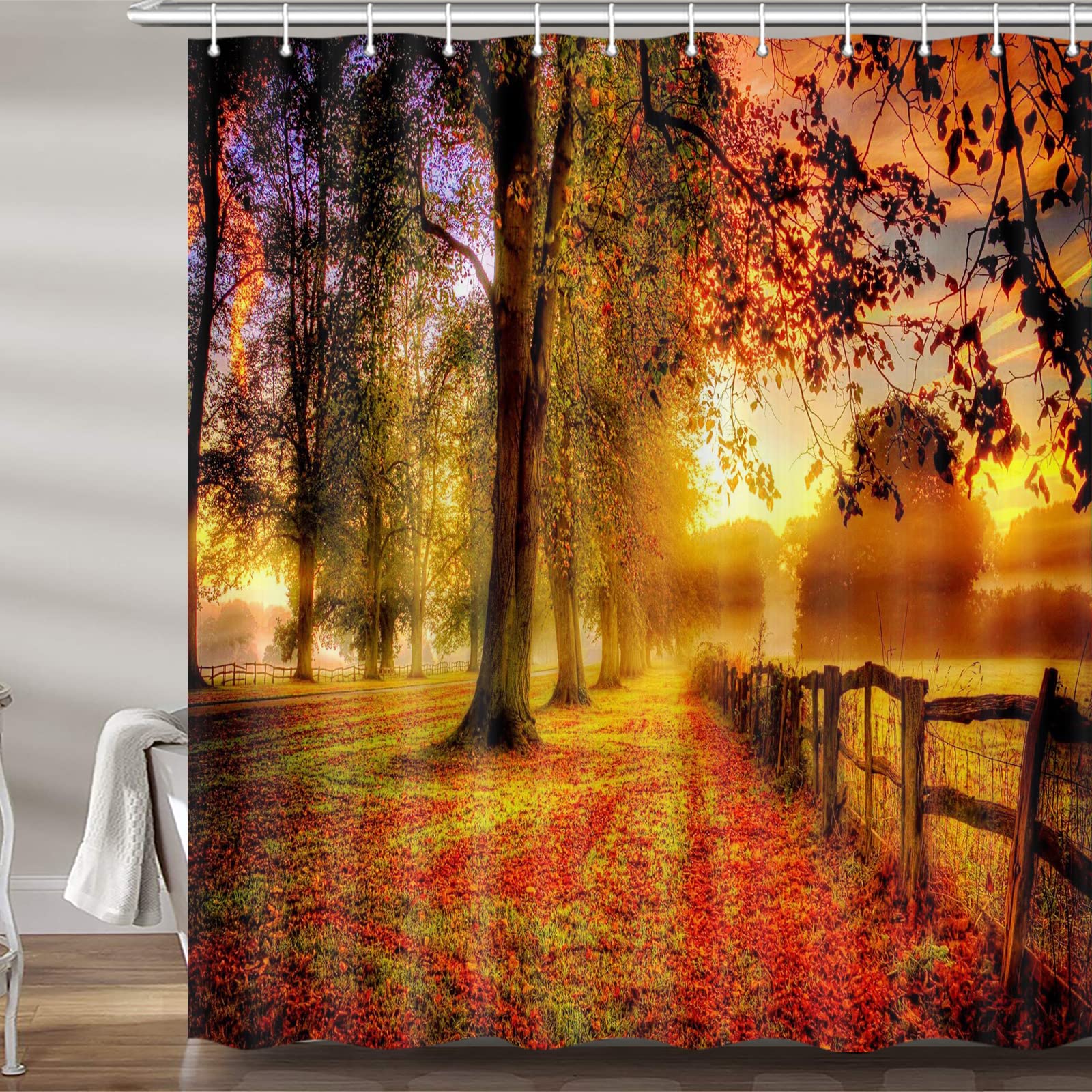 Autumn Forest Golden Leaves Farmhouse Shower Curtain Set - 72x72 Inch Waterproof Polyester Bath Curtain with Hooks - Fall Decor Bathroom Accessories for Cozy Farmhouse, Rustic Cabin or Seasonal Home Upgrade