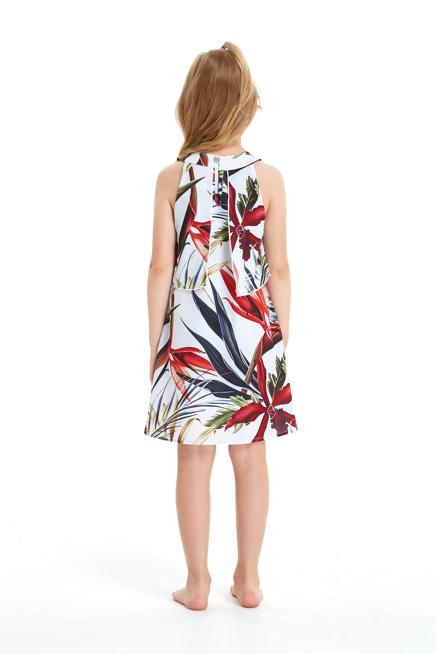 Hawaiian Floral Ruffle Dress for Girls - Pink Hibiscus Print Round Neck Summer Dress | Perfect for Beach Vacations, Luau Parties & Tropical Outings