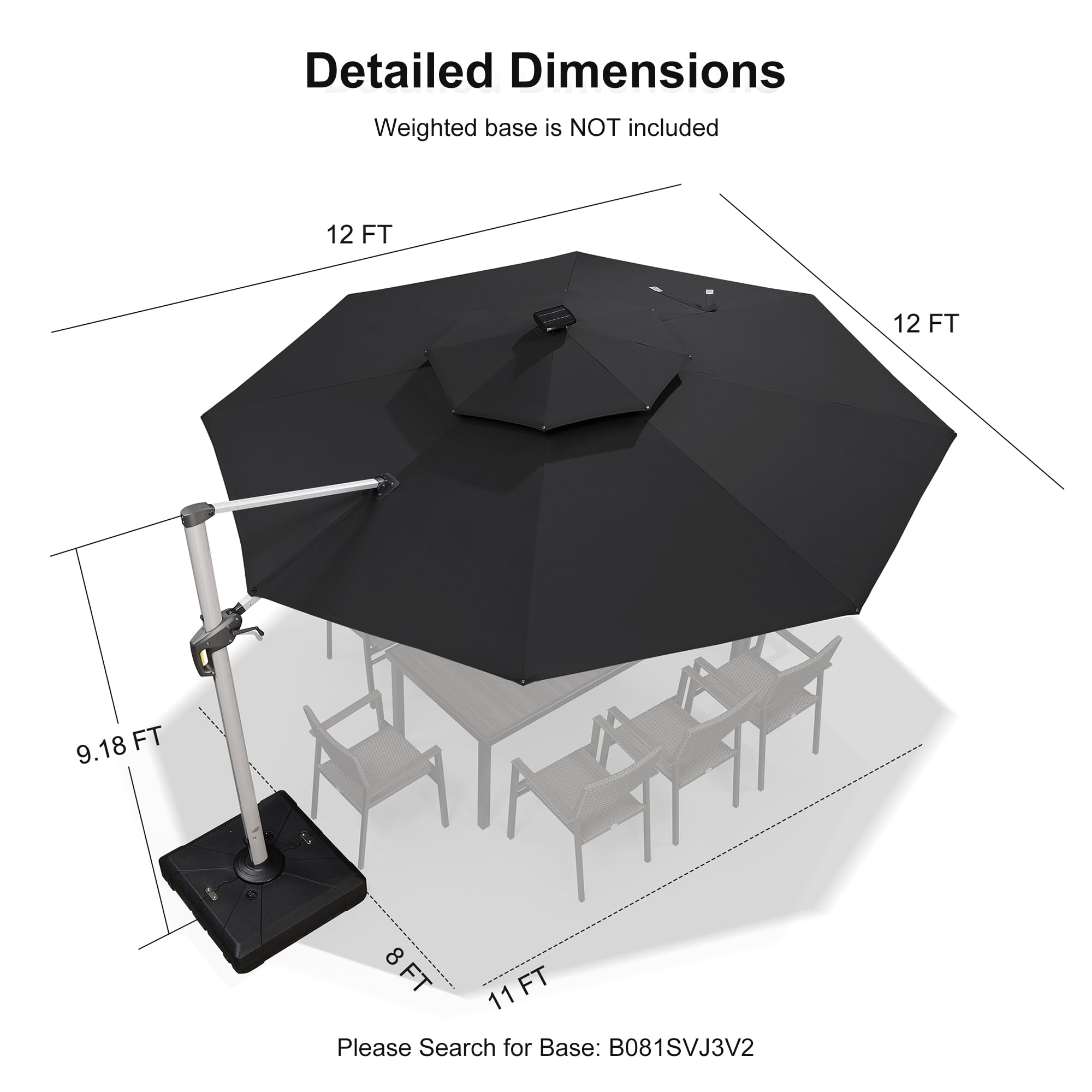 12ft Solar Powered LED Patio Umbrella - Large Windproof Cantilever Outdoor Umbrella with Bright LED Lights for Garden, Pool, Deck & Backyard - Heavy Duty Sun Shade Perfect for Lounging, Dining & Outdoor Relaxation (Black)