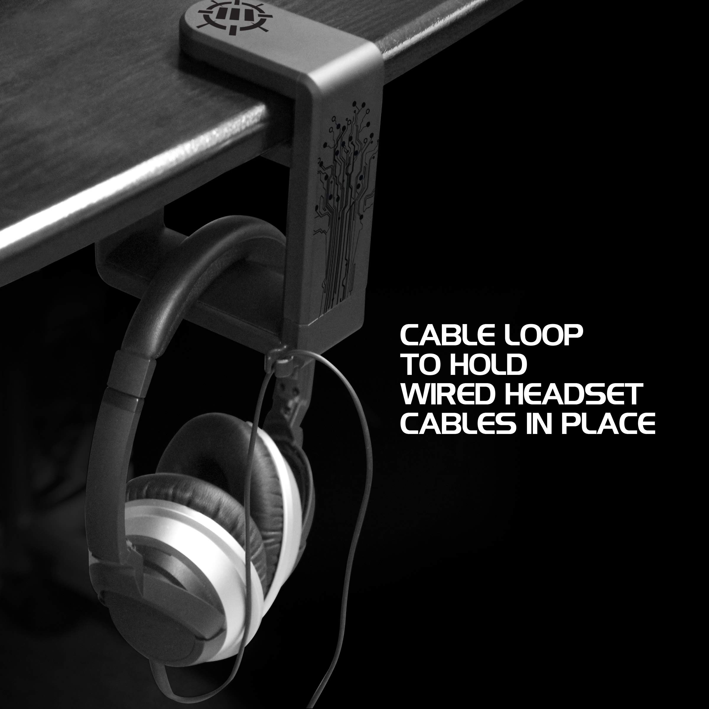 Premium Adjustable 360° Rotating Gaming Headset Holder - Universal Under Desk Hook Clamp with Built-in Cable Organizer for PC, PS5, Xbox - Perfect for Esports & Home Office Setup (Black)