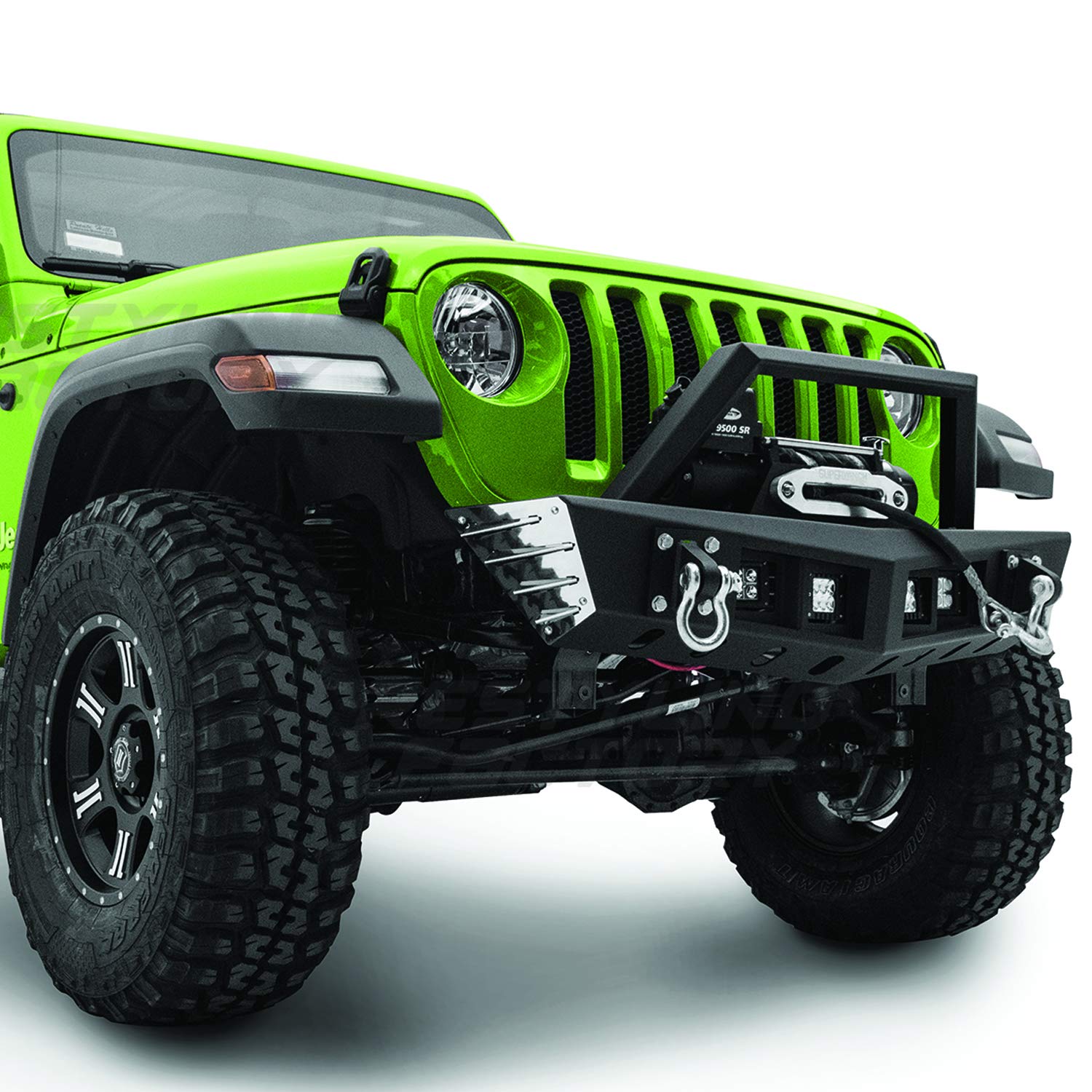 Black Textured Stubby Front Bumper with 2x D-Ring & Winch Plate | Built-In 4x 3