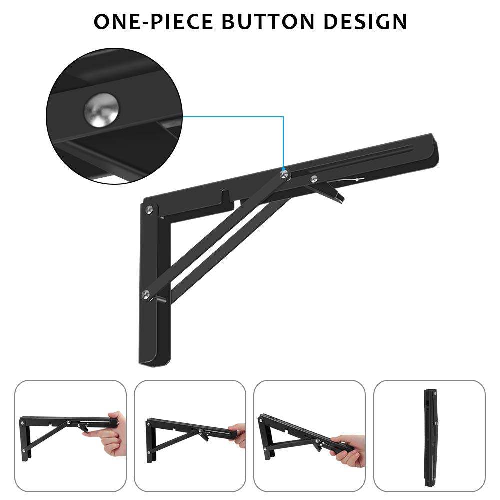 Heavy Duty Folding Shelf Brackets 2 Pack - 150lb Capacity for Wall Mounted Shelves & Tables (Black) - Space Saving Home & Office Use