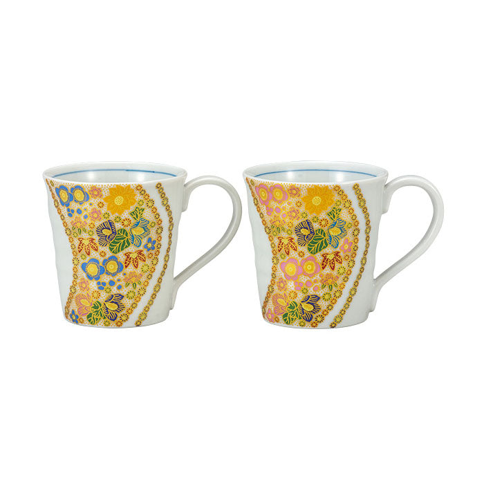 Kutani Ware Hanazume Floral Pair of Coffee Mugs - Japanese Ceramic Tea Cups for Home, Office & Gift Giving