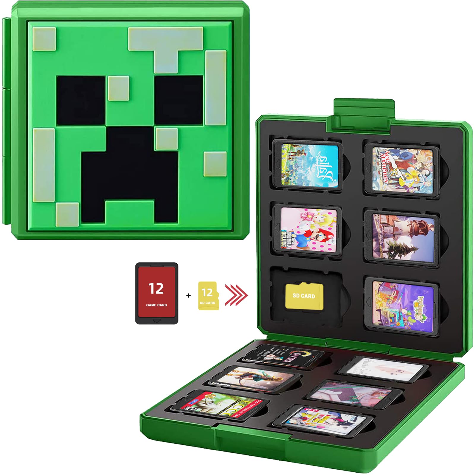 Nintendo Switch Game Cartridge Holder – Portable Slim Case for 12 Games & 12 SD Cards | Expandable to 24 Game Slots | Green Mini World Design | Perfect for Travel, Gaming Parties & Switch Accessories Organization