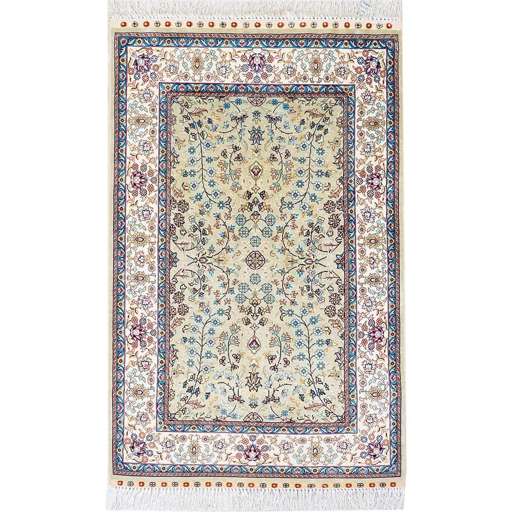 Handmade Silk Persian Rug Floral Tabriz Carpet 2.5x4ft - Olive & Ivory Yilong Carpet for Living Room, Bedroom Decor | Luxurious Home Accent & Floor Covering