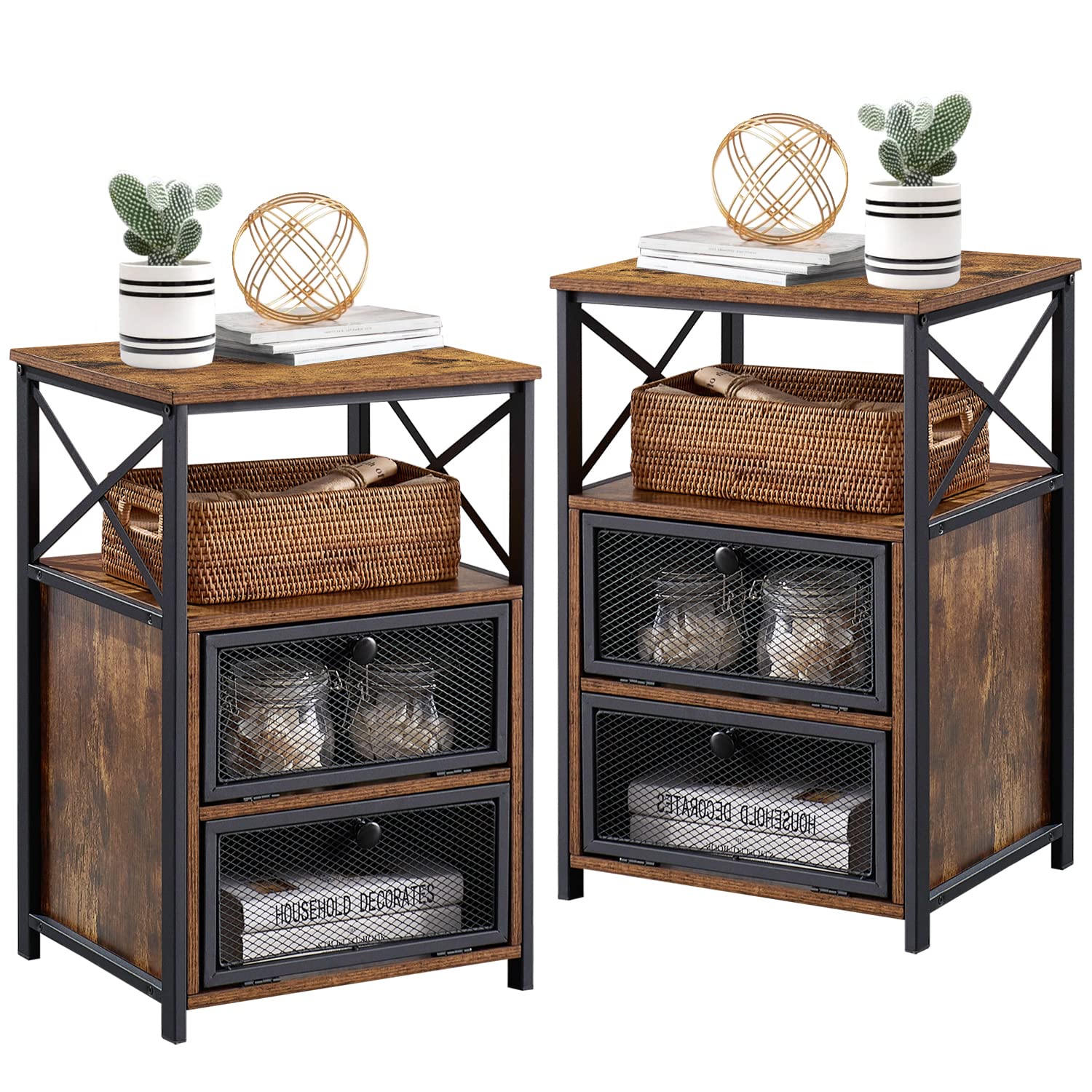VECELO Modern End Table with Flip Drawer & X-Design Side - Sturdy Nightstand for Bedroom, Living Room, Office - Easy Assembly Set of 2 in Retro Brown - Perfect for Small Spaces, Apartment Decor & Guest Rooms