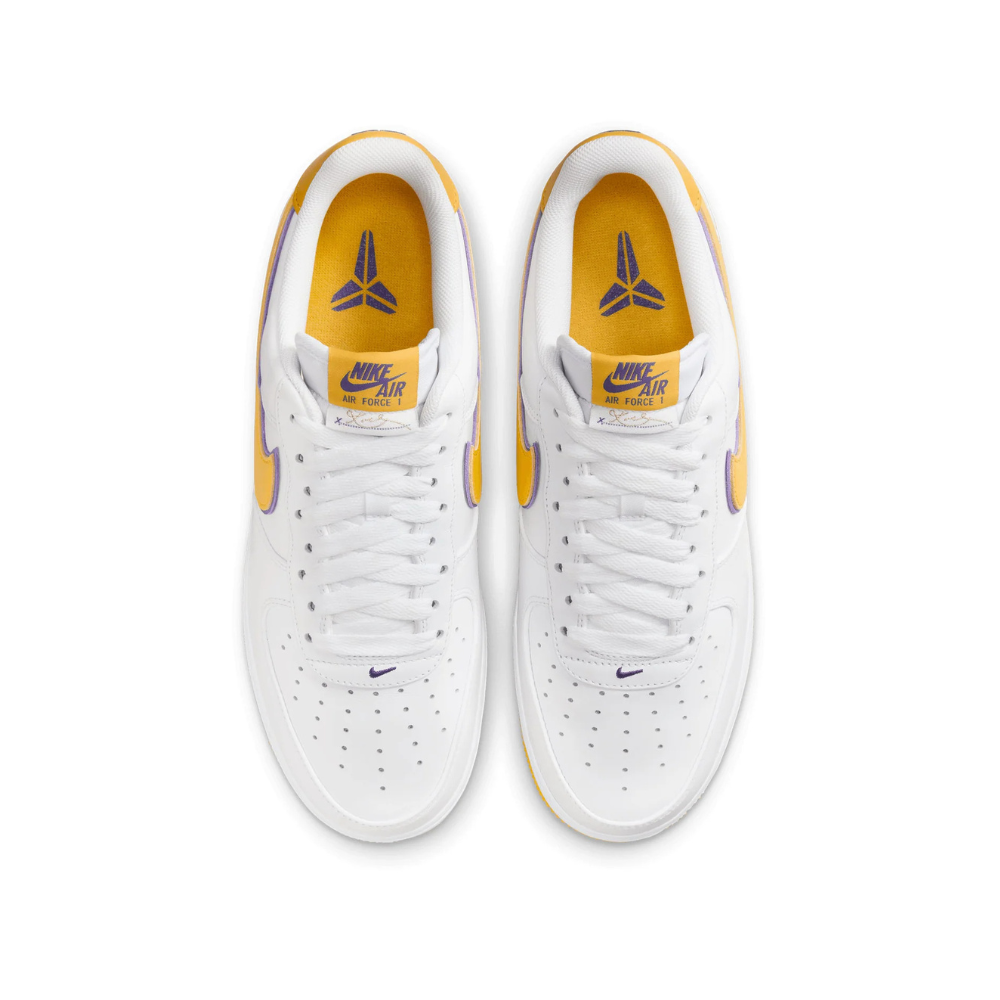 Nike Air Force 1 Low Retro QS Kobe Bryant Lakers Home Sneakers - White, Varsity Maize & Purple Basketball Shoes for Men | Perfect for NBA Games, Streetwear & Sneaker Collection