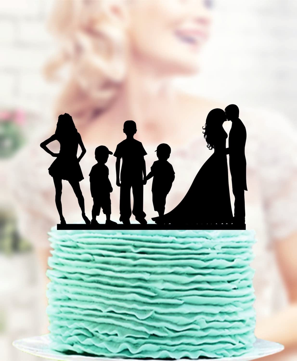 Acrylic Bride and Groom Cake Topper with Silhouette Family - Wedding Couple with 3 Kids Cake Decoration for Anniversary & Birthday Parties (TWF145) | Perfect for Wedding Cakes, Anniversary Celebrations & Family-Themed Desserts