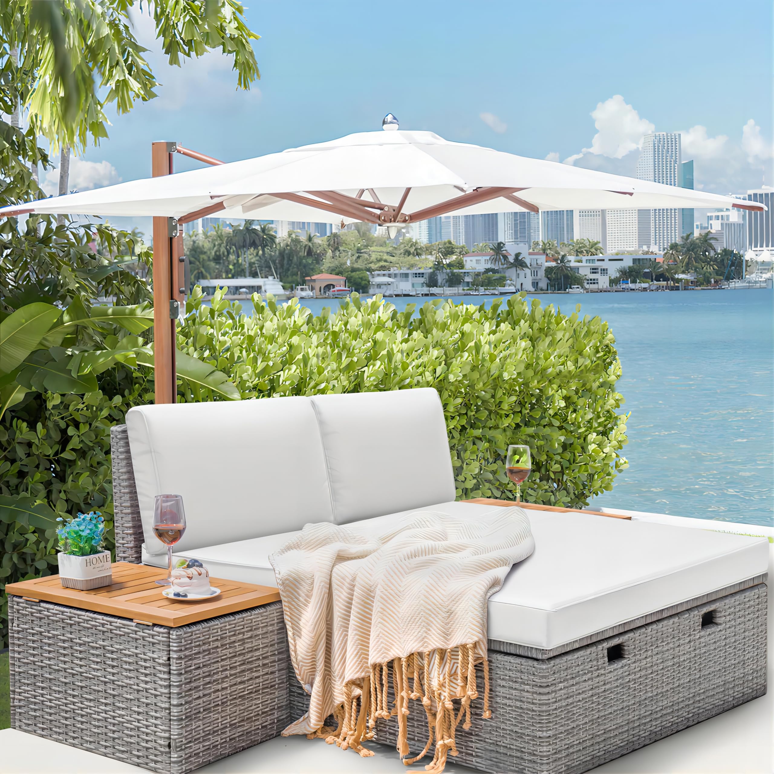 Greesum Outdoor Daybed Set - Multifunctional Wicker Lounge Bed with 2 Side Tables, Cushions & Storage Bench - White Patio Furniture for Porch, Lawn, Garden, Beach & Poolside Relaxation