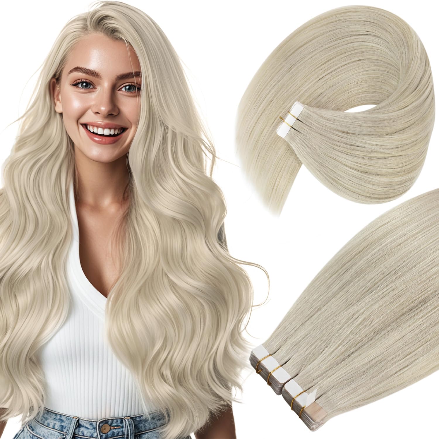 Ve Sunny 24 Inch Platinum Blonde Tape-in Hair Extensions - 20pcs 50g Real Human Hair, Invisible & Long Straight Extensions for Volume & Length - Perfect for Parties, Weddings & Daily Styling