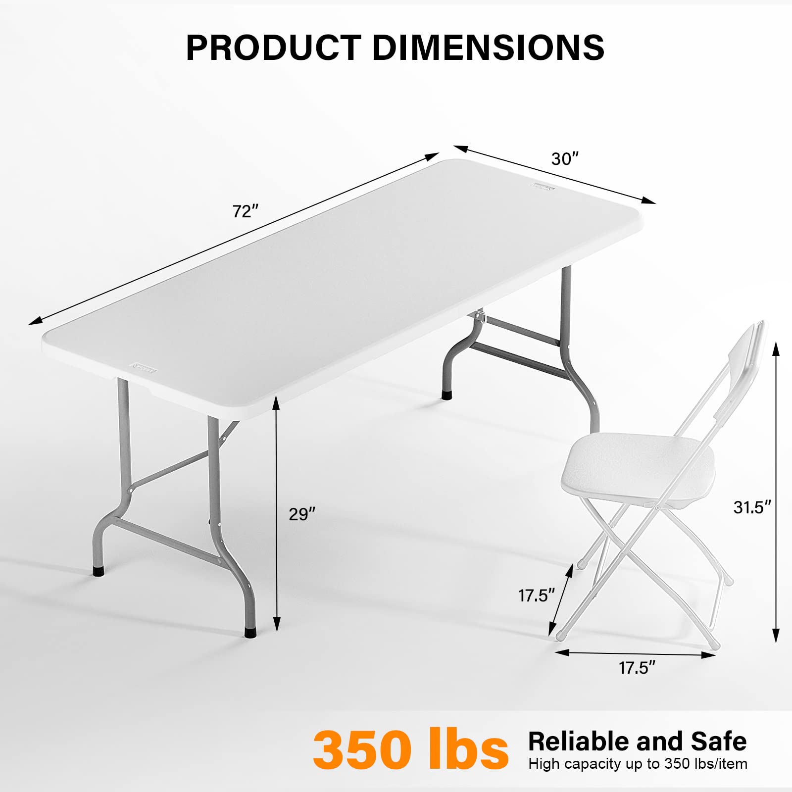 VINGLI 6 FT Plastic Folding Table with 8 White Folding Chairs Set - Portable Lightweight for Picnic, Party, Camping, Outdoor Events, Home & Office Use - Perfect for Backyard BBQ, Wedding, Banquet & Conference