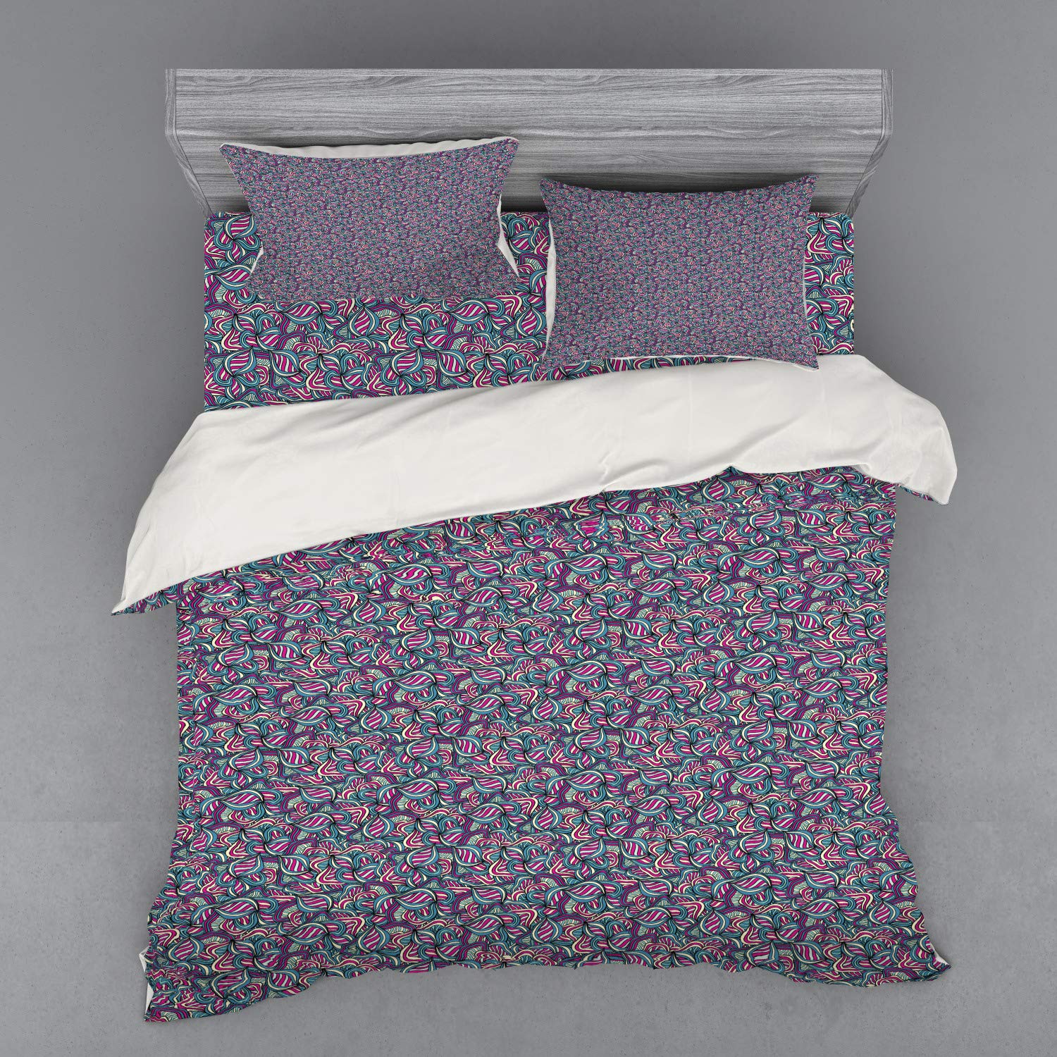 Ambesonne Bohemian Abstract Bedding Set - King Size 4-Piece Duvet Cover with Shams & Fitted Sheet, Hand-Drawn Wavy Line Design in Fuchsia Slate Blue Cream - Perfect for Modern Bedroom Decor & Bohemian Style Home
