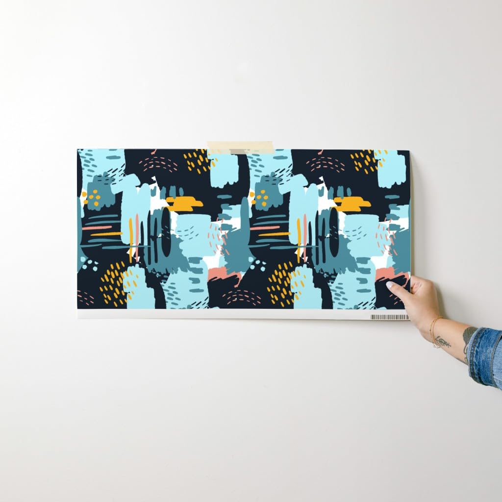 Commercial Grade Spoonflower Wallpaper Swatch - Large Painterly Blue & Gold Abstract Design with Paint Brush Motif | Perfect for Kids' Rooms, Nurseries & Modern Home Decor