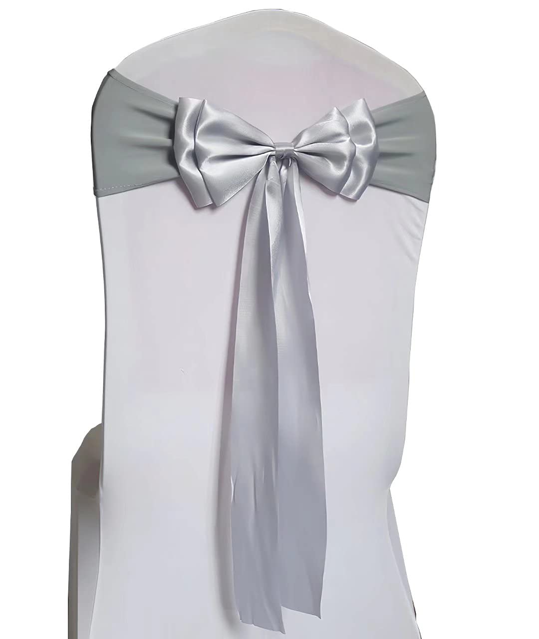 100Pcs Stretch Chair Sashes with Double Bows - Spandex Chair Covers for Wedding, Party, Birthday & Banquet Decor - Grey Chair Bands for Christmas & Event Supplies - Perfect for Indoor/Outdoor Celebrations