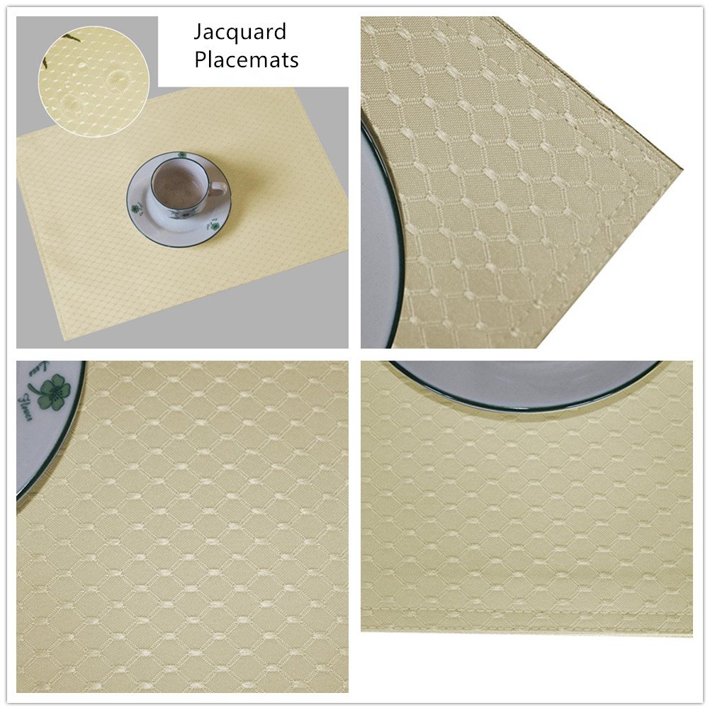 Waterproof & Oilproof Jacquard Polyester Placemats Set of 4 - 19x13 Inch Beige Waffle Design Washable Table Mats for Dining Room, Kitchen, Party & Everyday Use