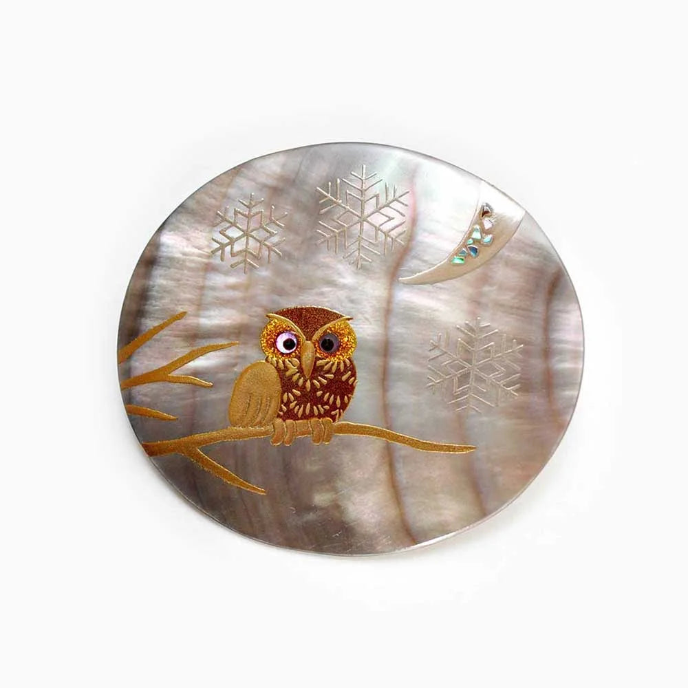Handcrafted Japanese Maki-e Urushi Lacquer Brooch - Black Lip Oyster Pearl Owl & Snow Design | Traditional Artisan Jewelry for Women | Perfect for Formal Occasions & Gift Giving
